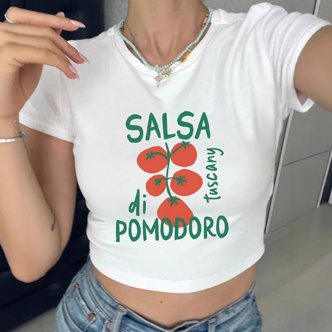 Damen Crop-Top mit kreativem Tomatenmotiv und witzigem Schriftzug EB