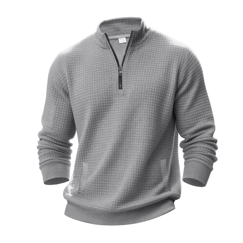 Herren nan Waffelstrick-Halbzip-Pullover mit Stehkragen und elastischem Saum EB