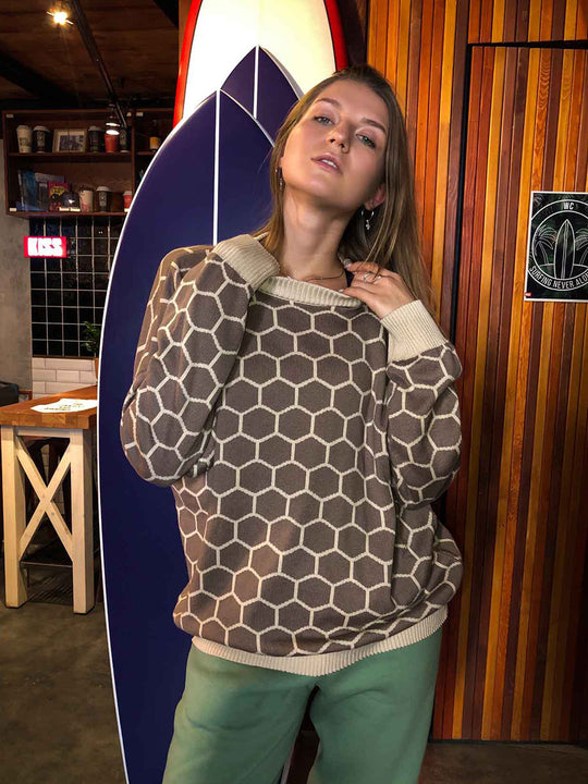Damen Kreativer Strickpullover mit Wabenmuster EB