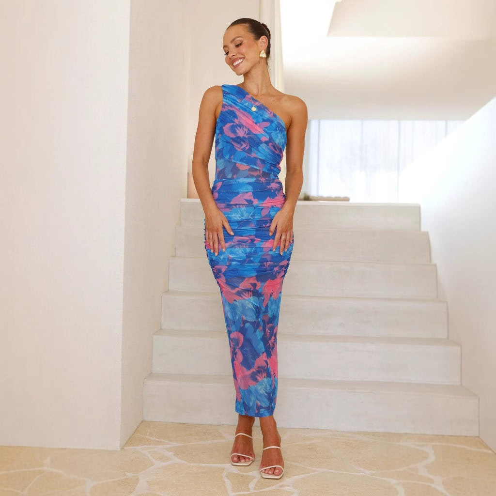 Damen Midikleid mit asymmetrischem Träger und floralem Raffdesign EB