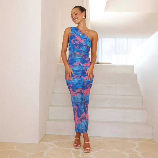Damen Midikleid mit asymmetrischem Träger und floralem Raffdesign EB