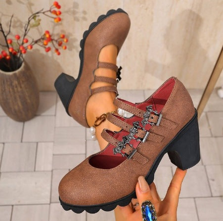 Damen Elegante und modische Blockabsatz-Sandalen mit doppeltem Riemendesign EB