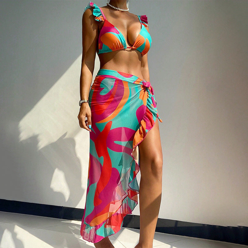 Damen Badeanzug-Set mit Fransen und buntem Muster EB