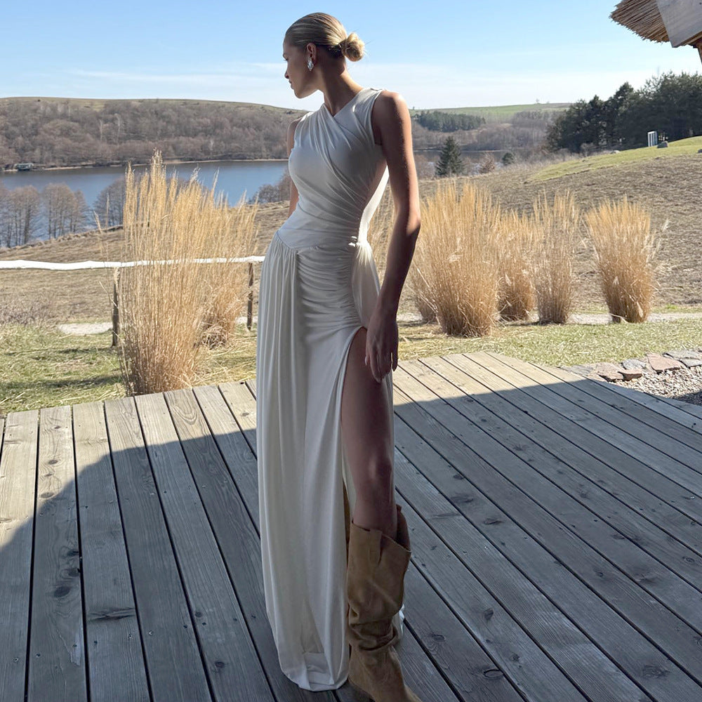 Damen Elegantes langes Kleid mit drapiertem Rock und seitlichem Schlitz EB