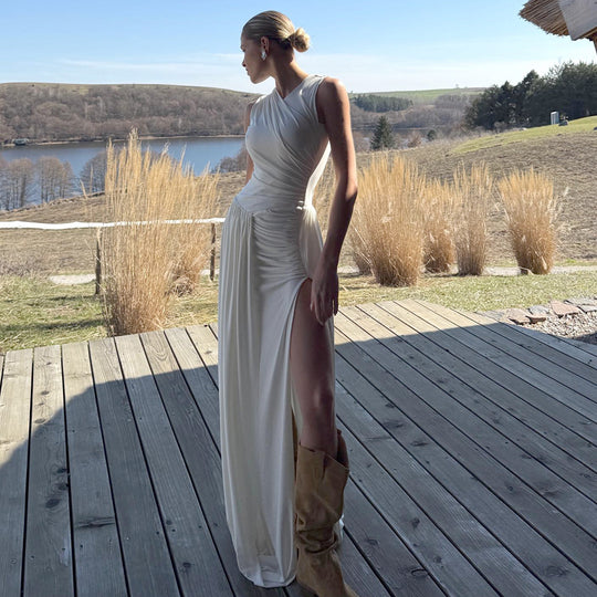 Damen Elegantes langes Kleid mit drapiertem Rock und seitlichem Schlitz EB
