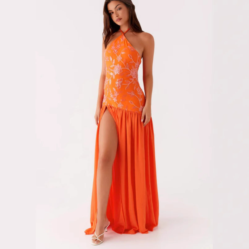 Damen Elegantes Maxikleid mit floralem Print und schwingendem Rock EB