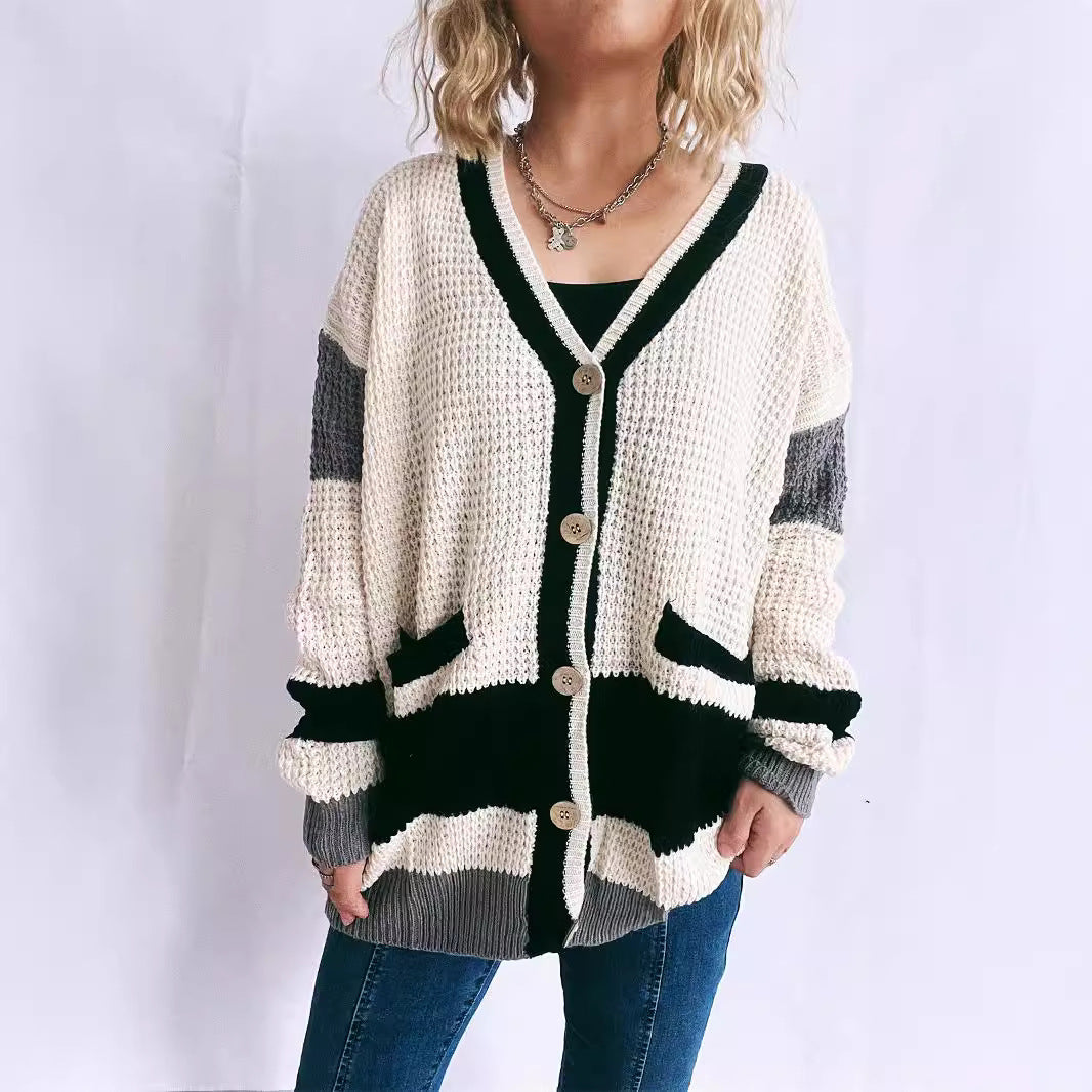 Damen Strickjacke mit modernen Streifenmustern und praktischen Taschen EB