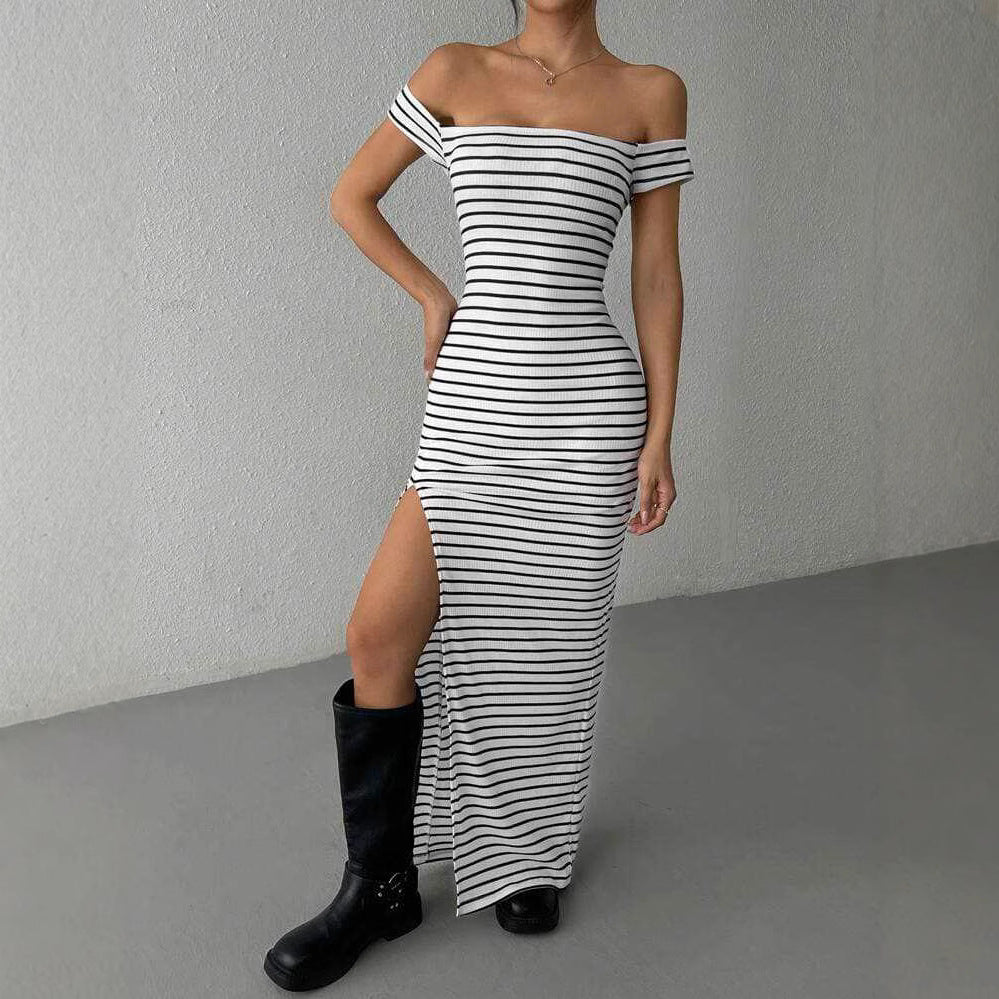 Damen Figurbetontes Kleid mit Off-Shoulder-Ausschnitt und Schlitz EB