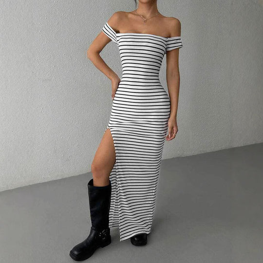 Damen Figurbetontes Kleid mit Off-Shoulder-Ausschnitt und Schlitz EB