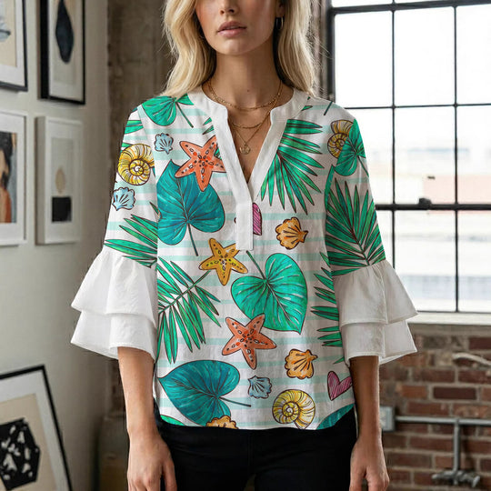 Damen Bluse mit voluminösen Rüschenärmeln und modernem Motiv EB