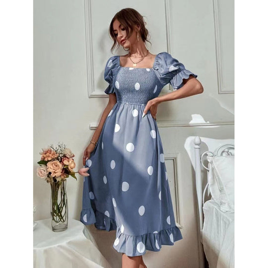 Damen Polka Dot Puff Ärmel Midi Kleid EB