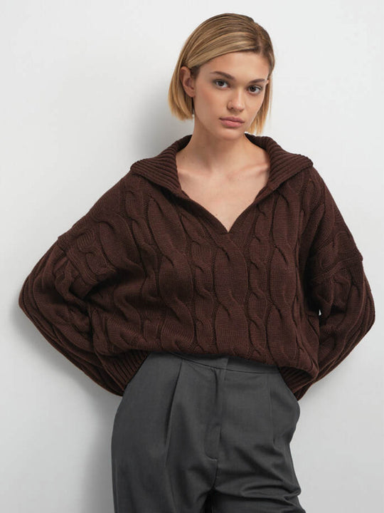 Damen Hoher Kragen Strickpullover mit Zopfmuster EB