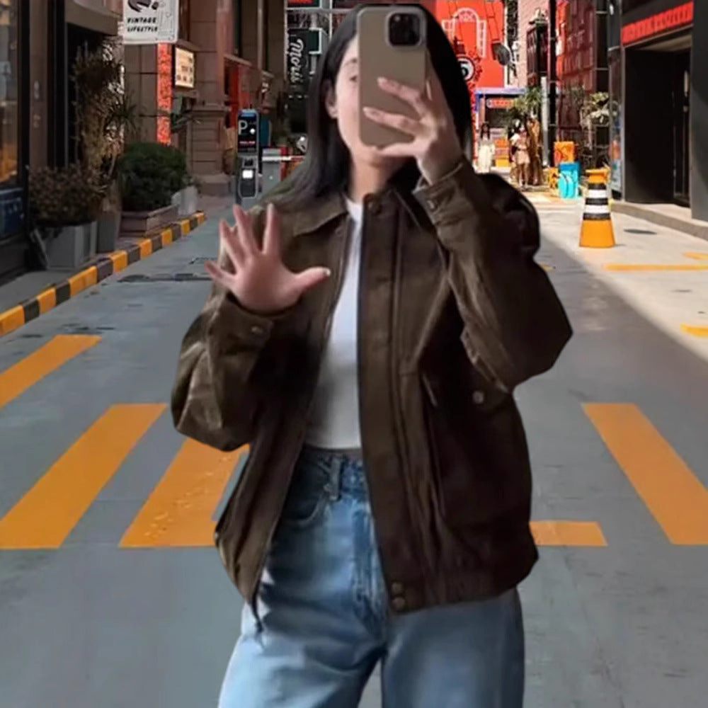 Damen Modische Kunstlederjacke mit lässigem Schnitt und praktischen Taschen EB