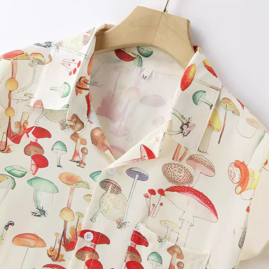 Damen Langarm Hemd mit kreativem Pilzmuster und hochwertigen Materialien EB