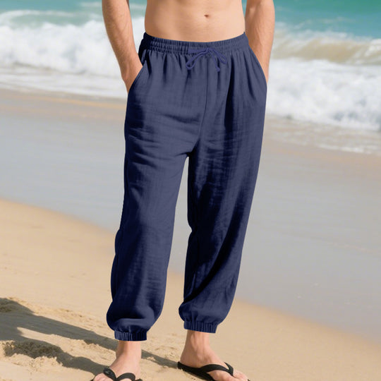 Herren Leinenoptik-Loungehose mit elastischem Bund, Kordelzug & gerippten Knöchelabschlüssen EB