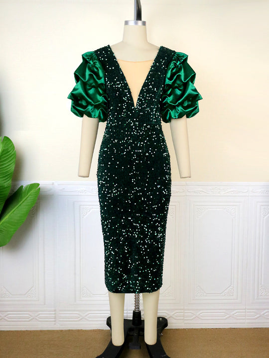 Damen glamouröses Abendkleid mit Puffärmeln EB