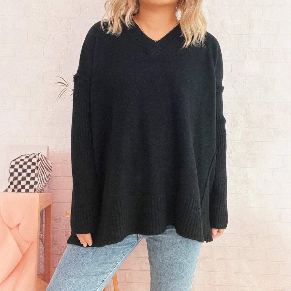 Damen lässiger V-Ausschnitt Pullover mit stylishen Rippdetails EB