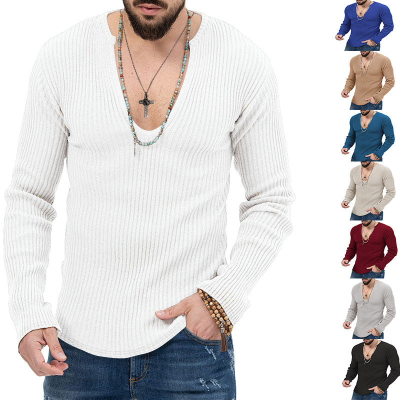 Herren Langarm-Rippenpullover mit tiefem V-Ausschnitt und modernem Schnitt EB