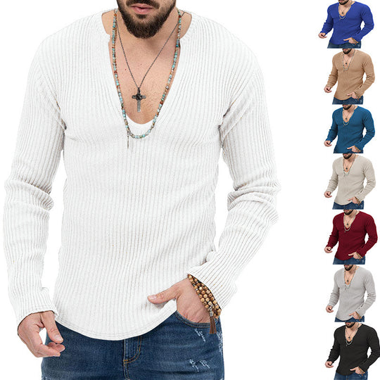 Herren Langarm-Rippenpullover mit tiefem V-Ausschnitt und modernem Schnitt EB