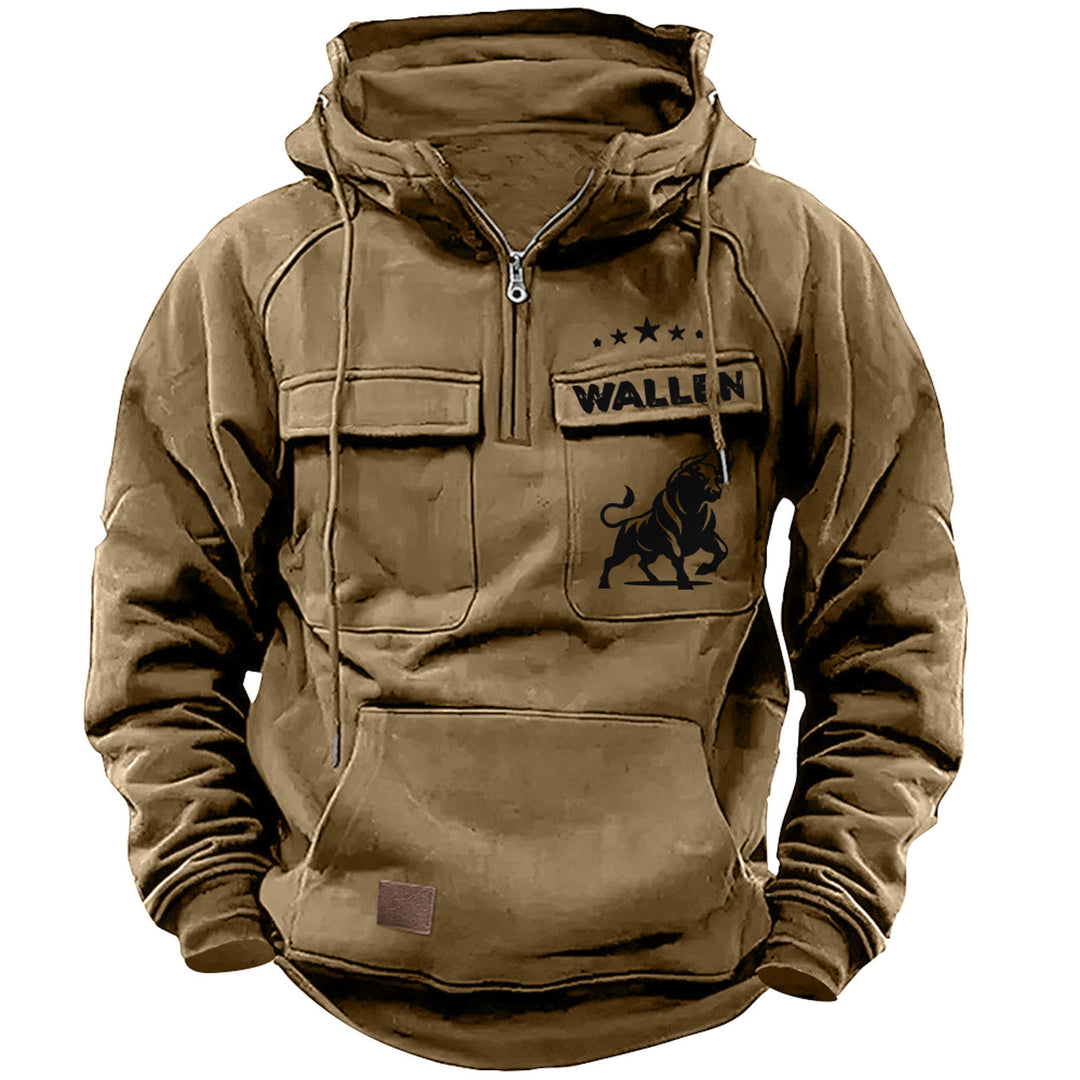 Herren nan Kapuzenpullover mit Halbzip, Cargo-Brusttaschen und Kängurutasche EB
