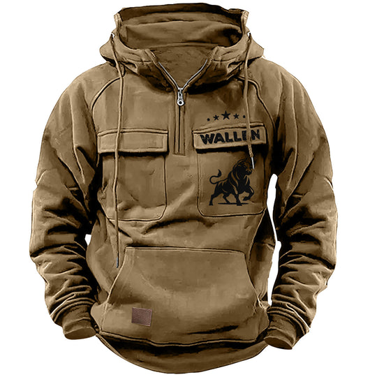 Herren nan Kapuzenpullover mit Halbzip, Cargo-Brusttaschen und Kängurutasche EB
