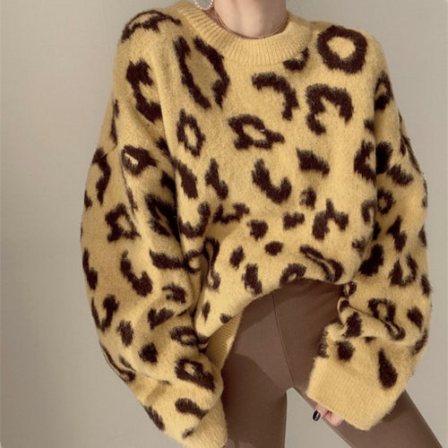 Damen Flauschiger Leopardenmuster Pullover EB