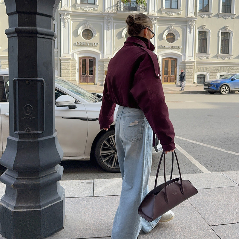 Damen Modische Übergangsjacke mit hohem Kragen und Taillengürtel EB