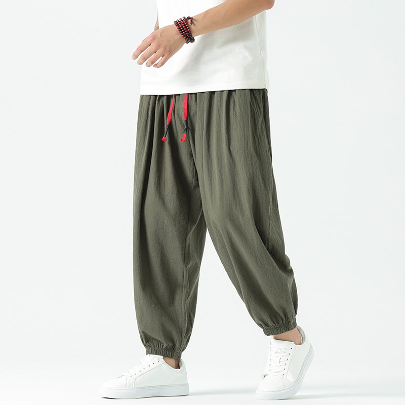 Herren nan locker geschnittene Leinen-Baumwoll Hose mit Kordelzug und elastischen Bündchen EB