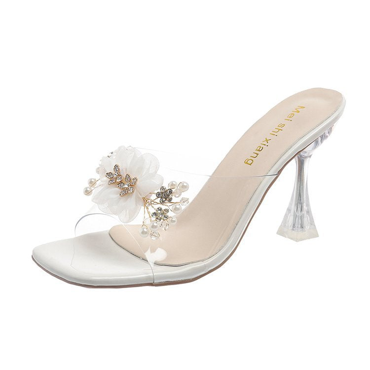 Damen elegante und transparente Sandaletten mit floralem Schmuck EB