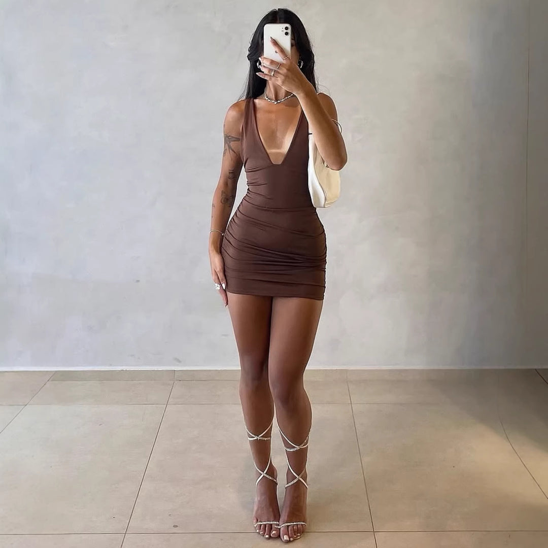 Damen figurbetontes Minikleid mit tiefem V-Ausschnitt und Raffung EB