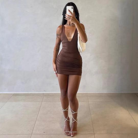 Damen figurbetontes Minikleid mit tiefem V-Ausschnitt und Raffung EB