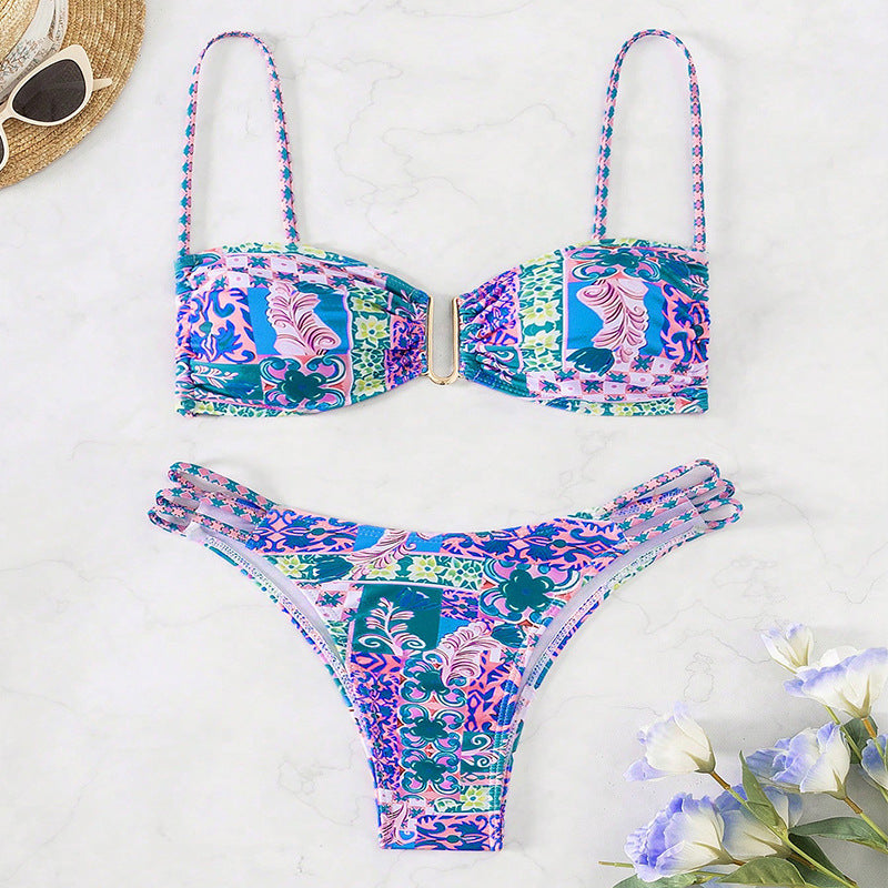 Damen Bandeau-Bikini mit raffinierten Rüschendetails und elegantem Muster EB
