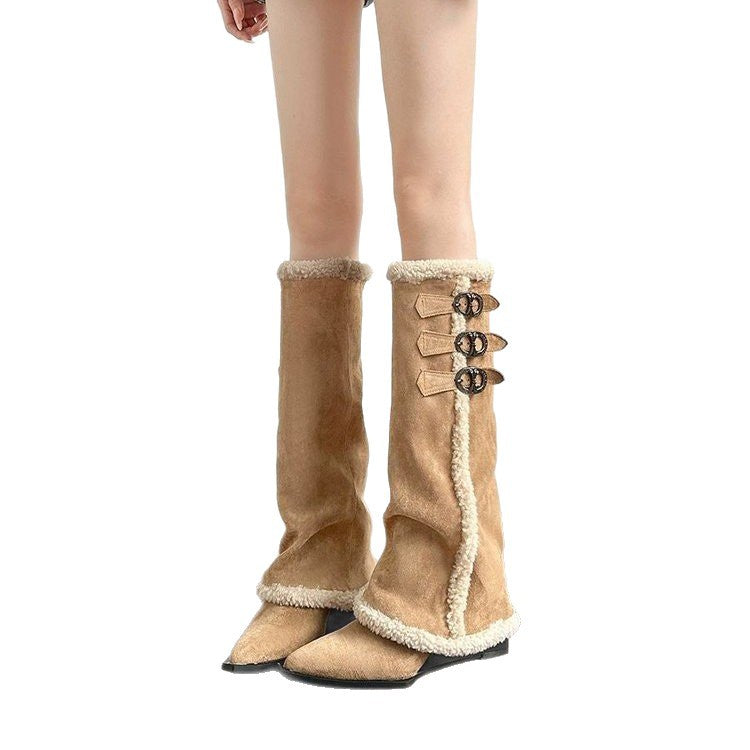 Damen hohe Stiefel mit weichem Kunstfellkragen und detaillierter Schnürfront EB