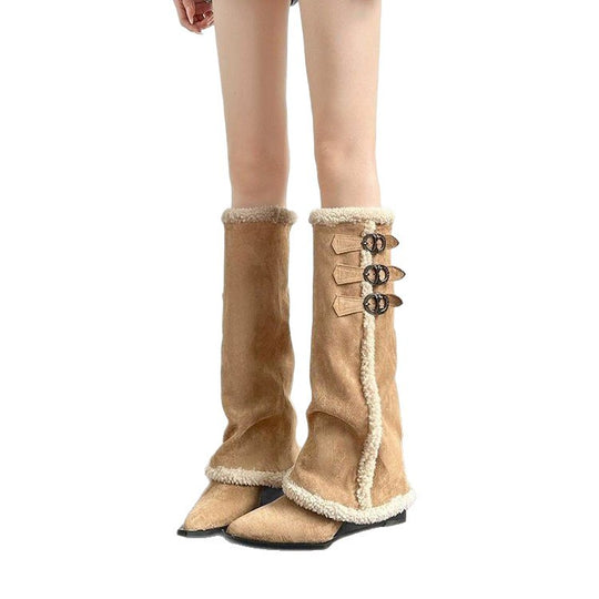 Damen hohe Stiefel mit weichem Kunstfellkragen und detaillierter Schnürfront EB