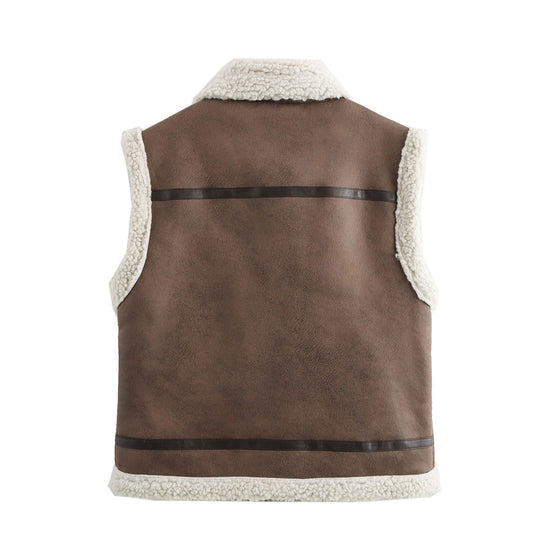 Damen Teddyweste mit hohem Kragen und Kunstlederelementen EB