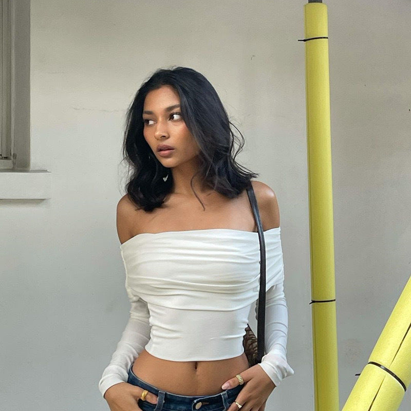 Damen Offshoulder Crop-Top mit Raffung EB
