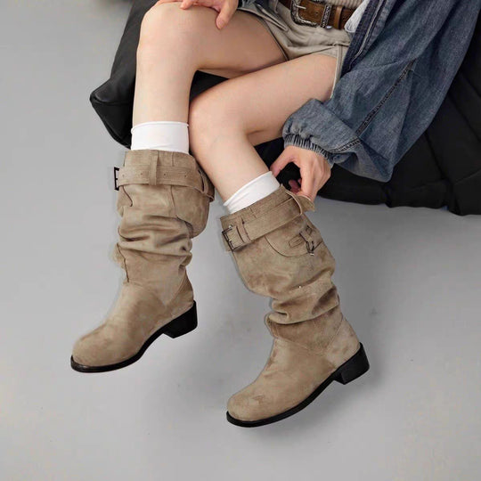 Damen modische Stiefel mit verstellbarem Gummibund und komfortablem Blockabsatz EB