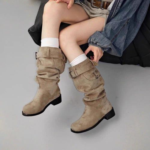 Damen modische Stiefel mit verstellbarem Gummibund und komfortablem Blockabsatz EB