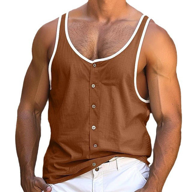 Herren nan Leinenoptik-Tanktop mit sichtbarer Knopfleiste und kontrastierter Einfassung EB
