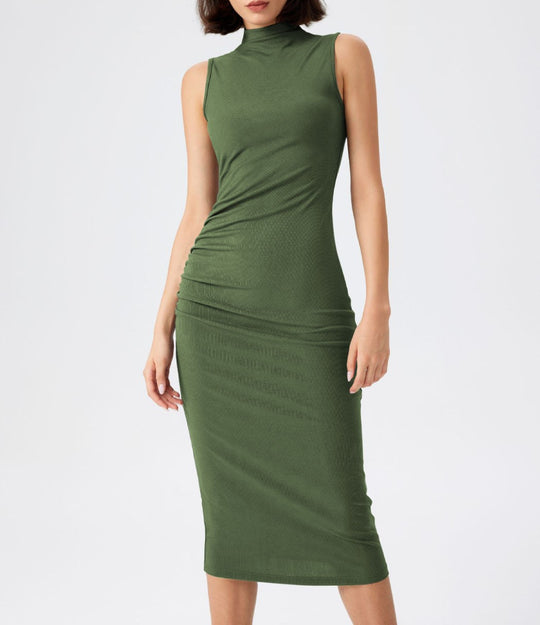 Damen elegantes Midi-Kleid mit figurbetontem Schnitt und hohem Kragen EB