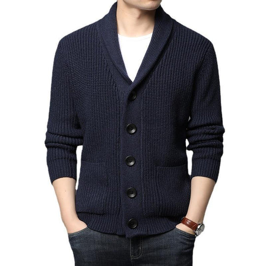 Herren kuschelige Strickjacke mit schickem Kragen und funktionalen Taschen EB