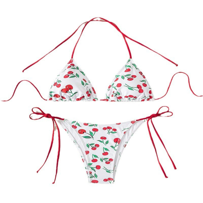 Damen Triangel-Bikini mit fröhlichem Kirschmuster und verstellbaren Bindebändern EB