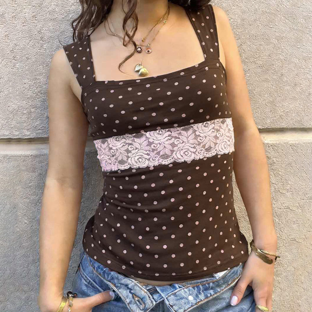 Damen Spaghetti-Trägertop mit Spitzeneinsatz und verspieltem Punktdesign EB