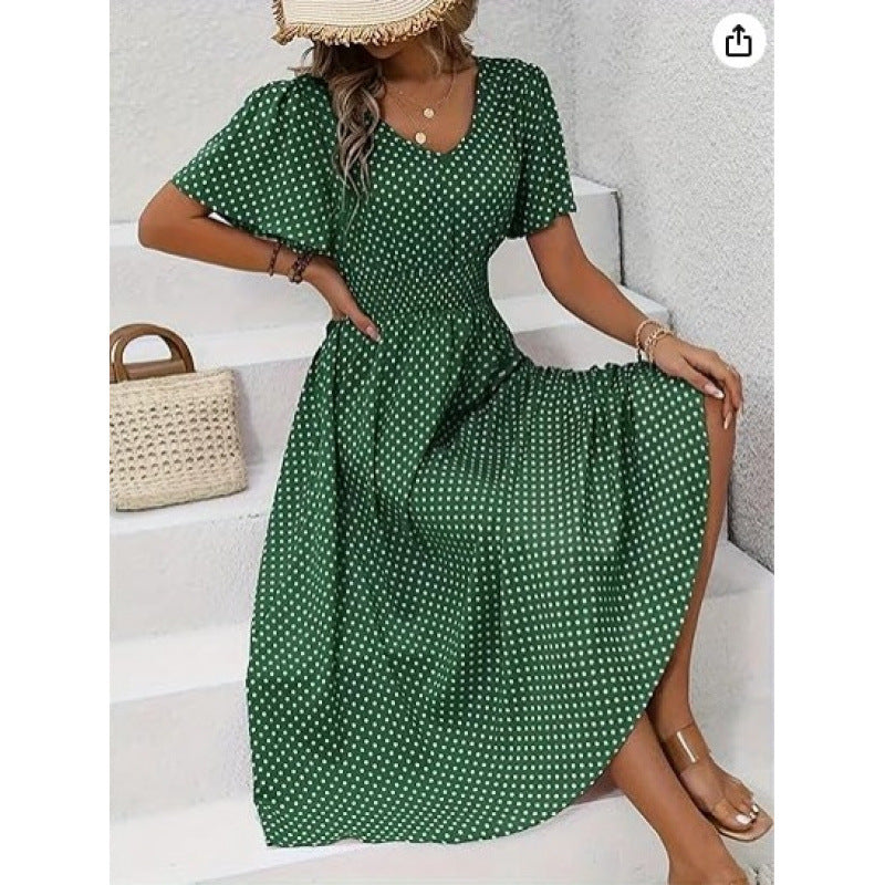Damen Maxikleid im verspielten Punktdesign mit voluminösen Ärmeln und tiefem V-Ausschnitt EB