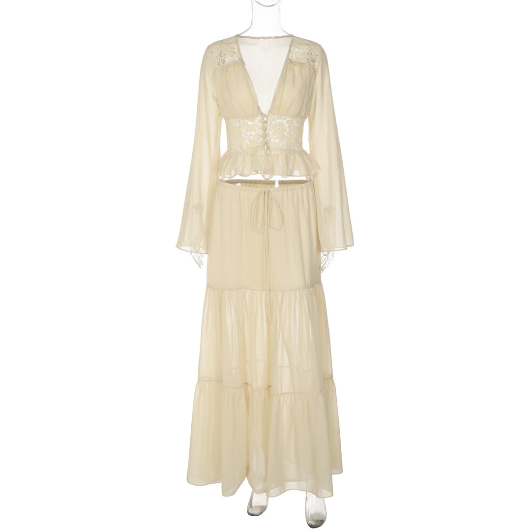 Damen Zweiteiliges Maxi-Kleid mit transparentem Oberteil und elastischem Bund EB