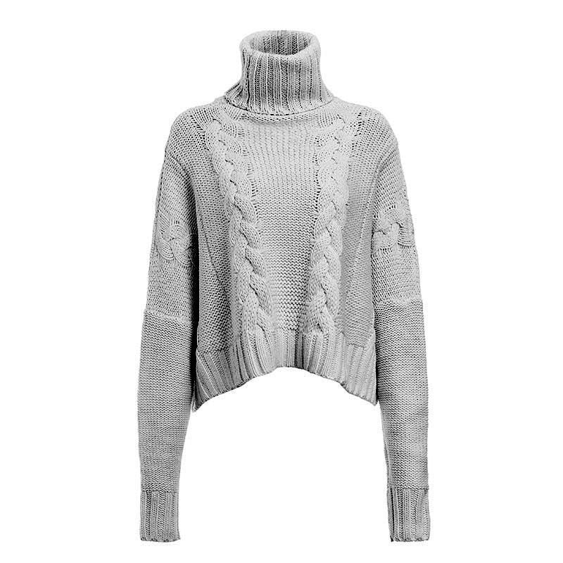 Damen Grobstrickpullover mit hohem Kragen und einzigartigem Zopfdesign EB