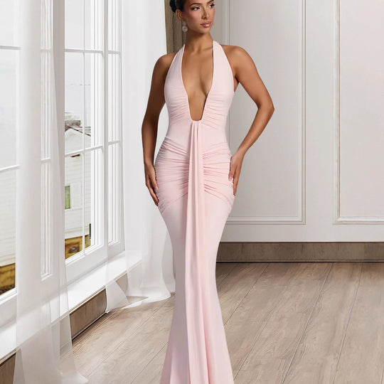 Damen Elegantes Wickelkleid mit tiefem V-Ausschnitt und fließendem Rock EB