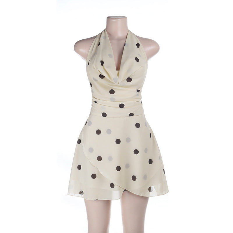 Damen verspieltes Polka-Dot Minikleid mit reinem Chiffon und raffiniertem Wickeldesign EB