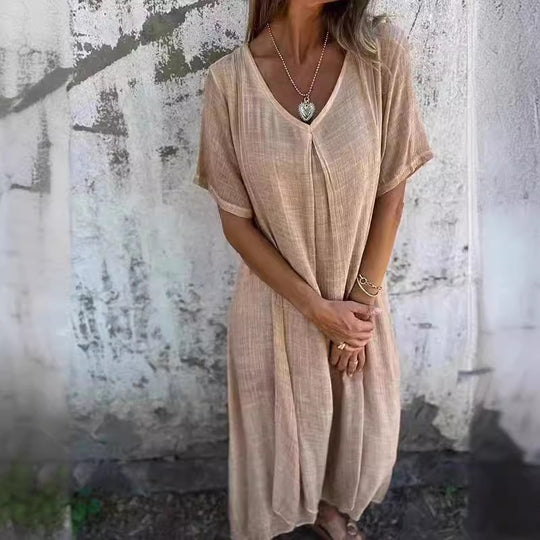 Damen lässiges Langarmkleid mit elegantem V-Ausschnitt und fließendem Design EB