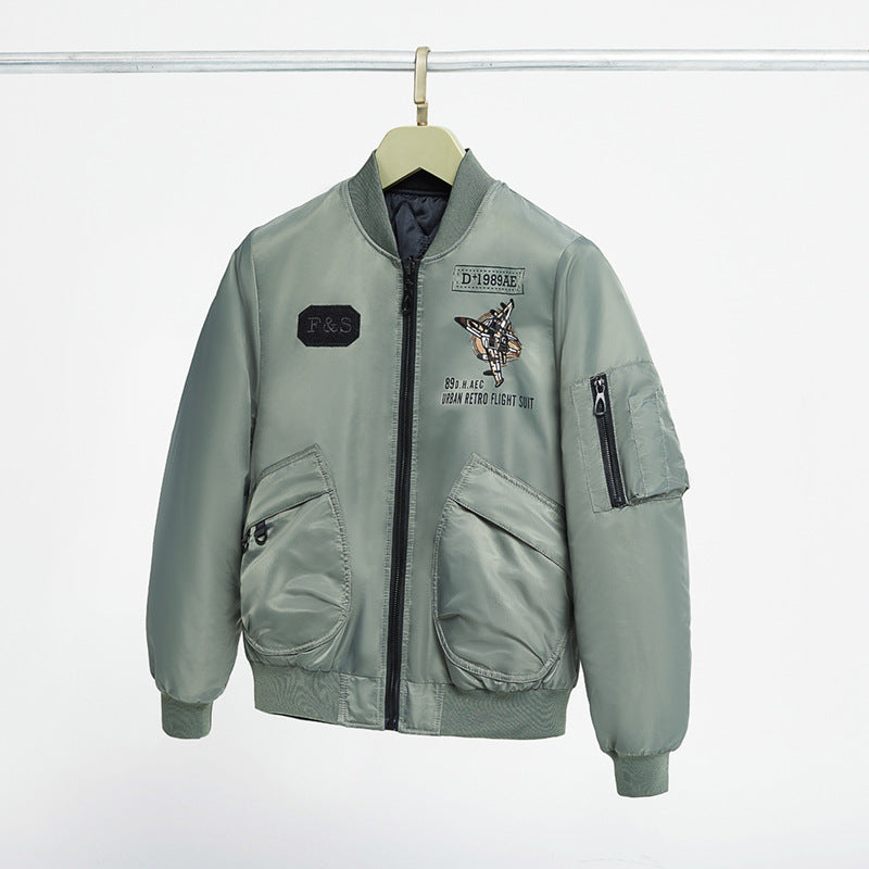 Men's  padded pilot-style bomber jacket with embroidered jet motif and dual angled front cargo pockets EB